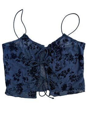 Sheer Mesh Tie Front Top Black Size Medium